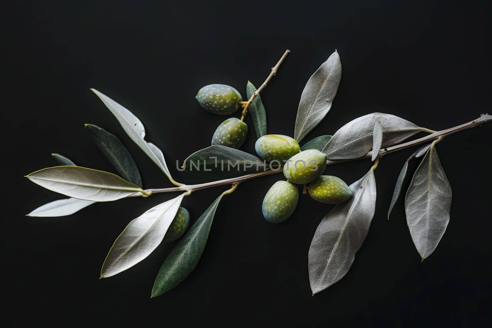 A single branch adorned with lush leaves and ripe olives sways gracefully against a striking black backdrop.