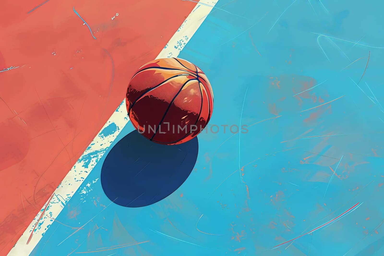 A basketball rests on a vibrant blue and red court, exuding the anticipation of an upcoming game.