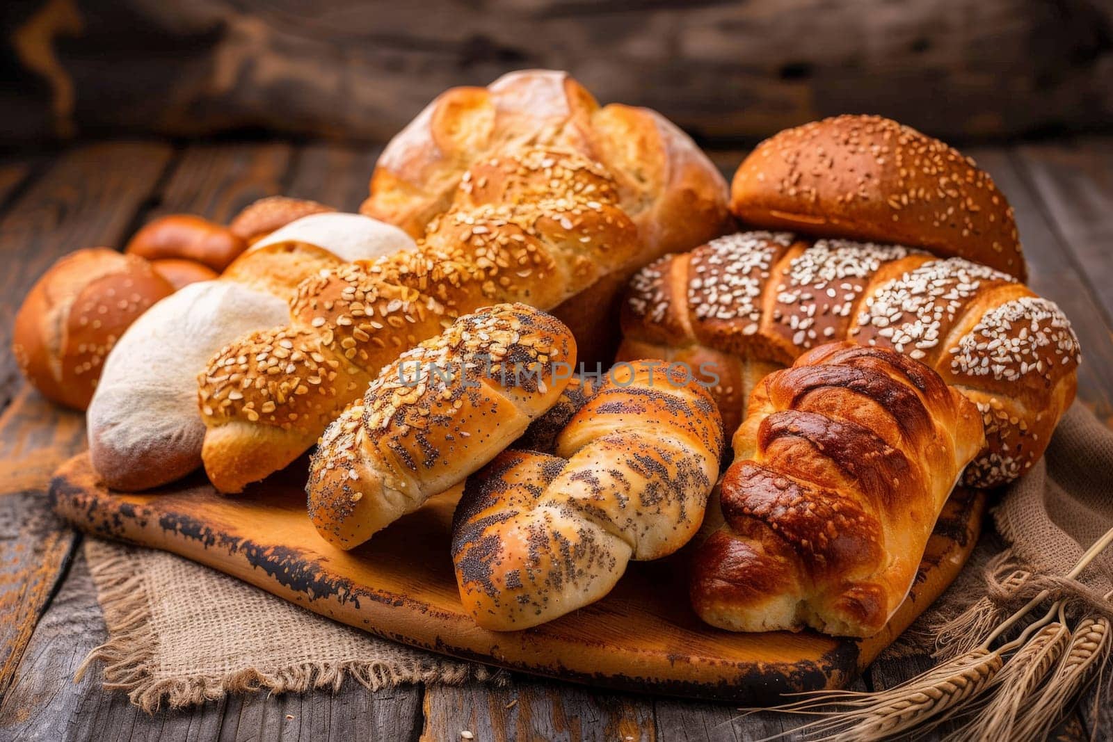 A variety of fresh bread loaves and rolls are displayed beautifully on a table.