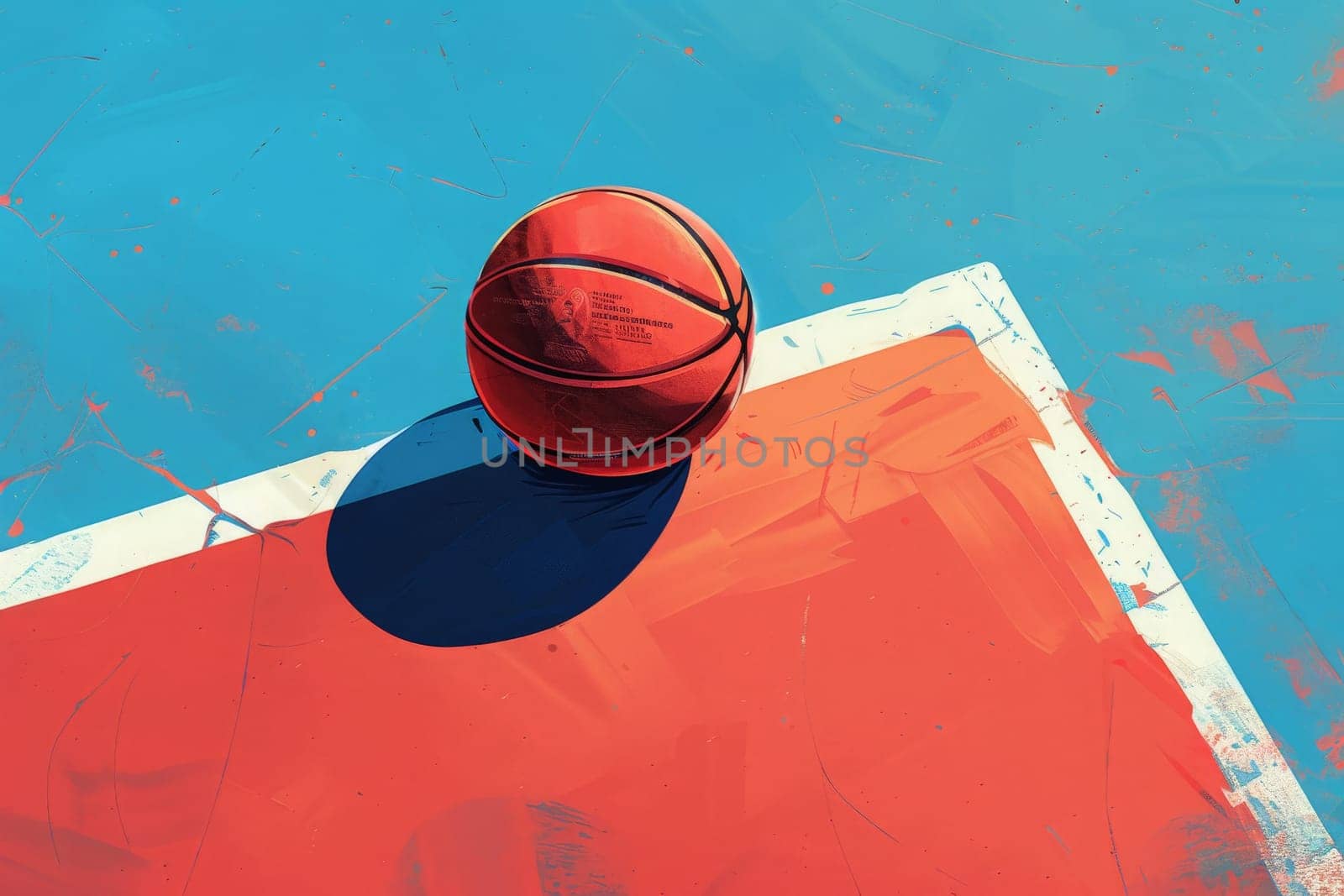 A basketball peacefully rests on a vibrant basketball court.