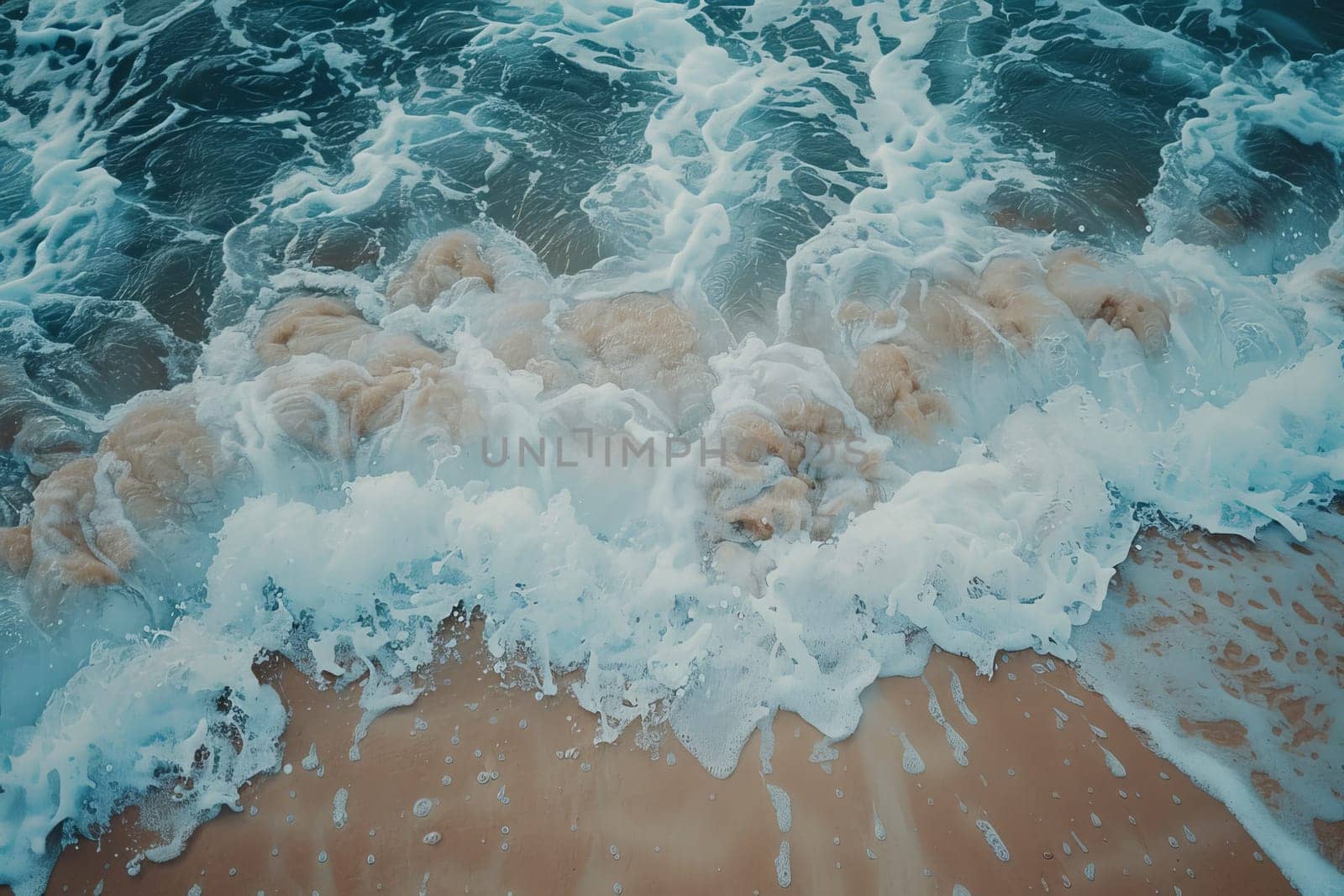 A mesmerizing aerial view of energetic waves crashing onto a picturesque sandy beach, creating a dynamic and rhythmic display of natures power.