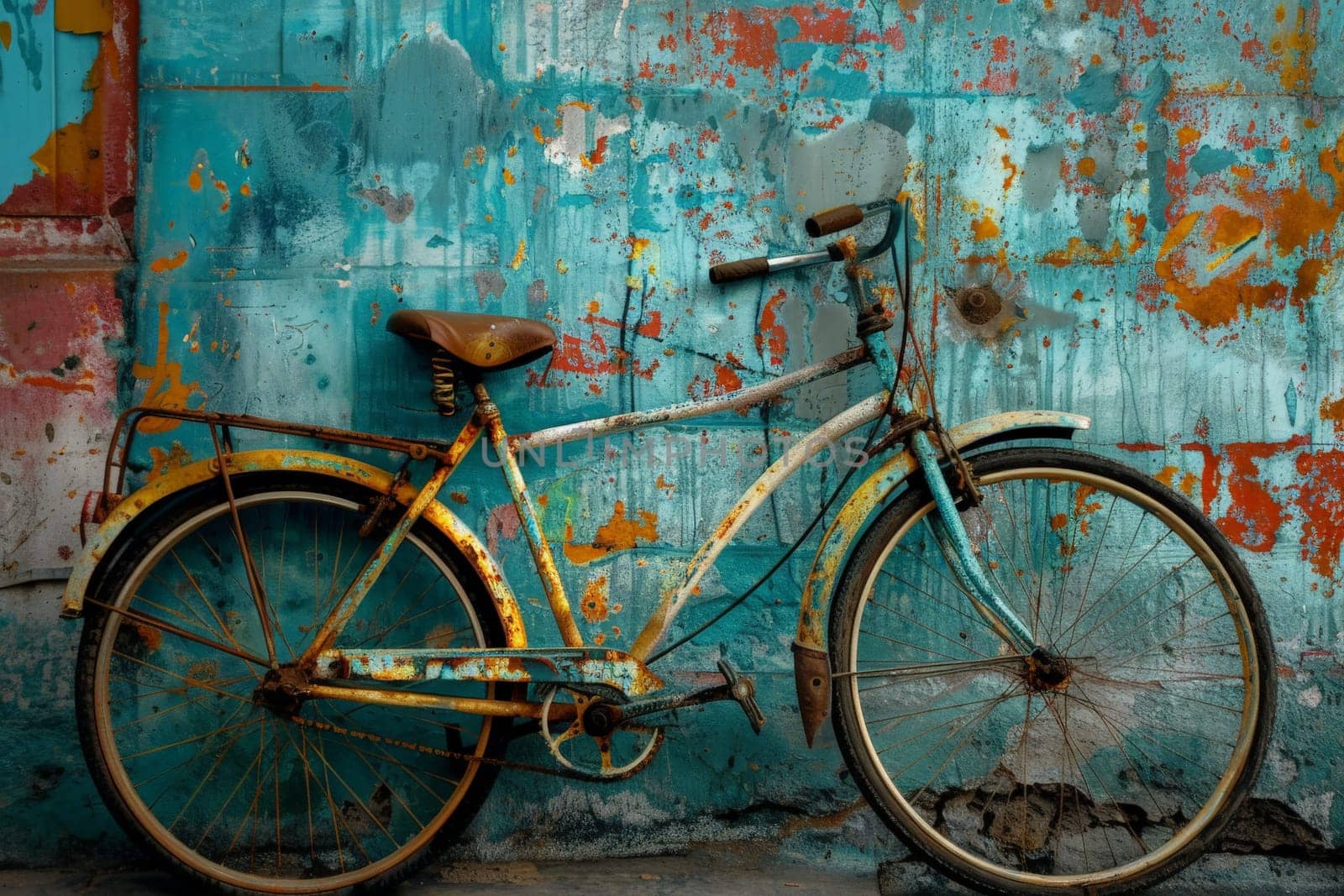 An old, weathered bicycle leans against a vibrant blue wall, showcasing the passage of time and neglect in a serene urban setting.