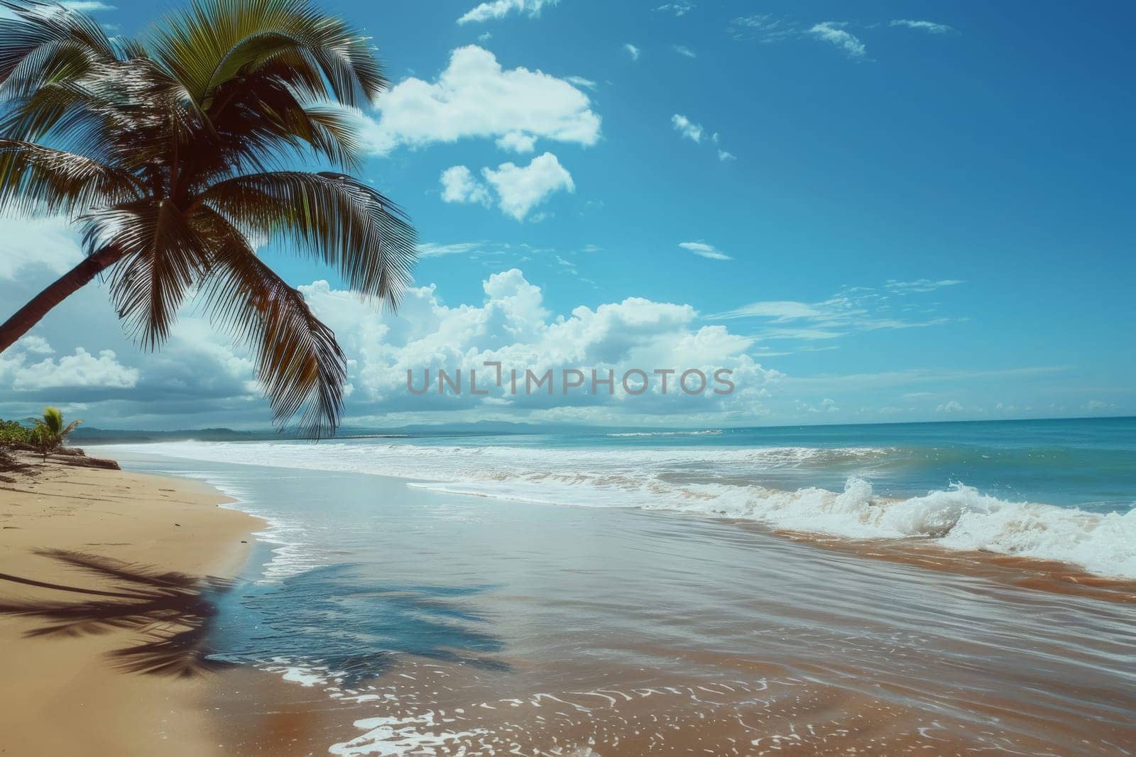 A palm tree sways gently on a tranquil beach, with the vast ocean providing a picturesque backdrop.