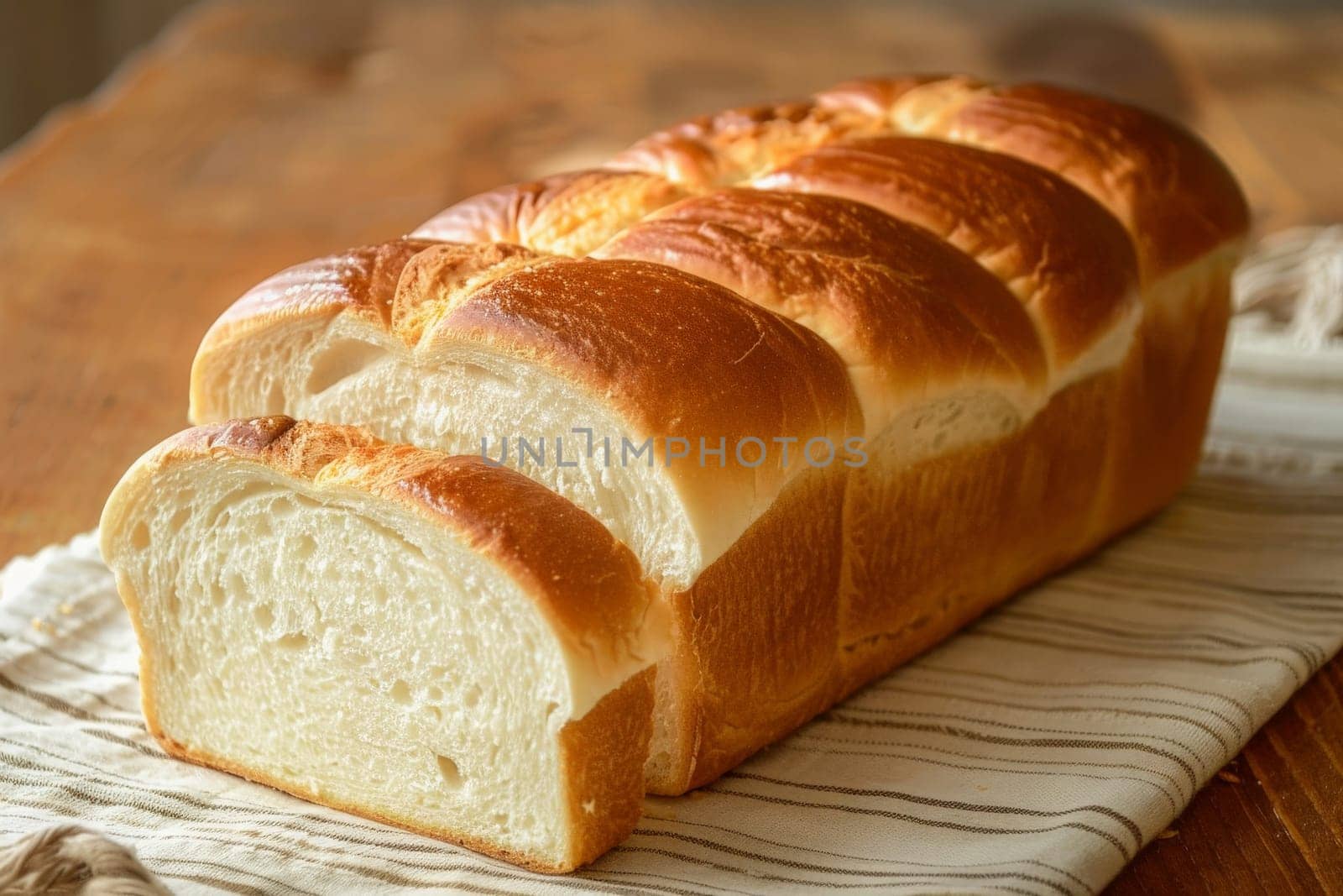 A fresh loaf of bread sitting on a wooden table, illuminated by a ray of sunlight.