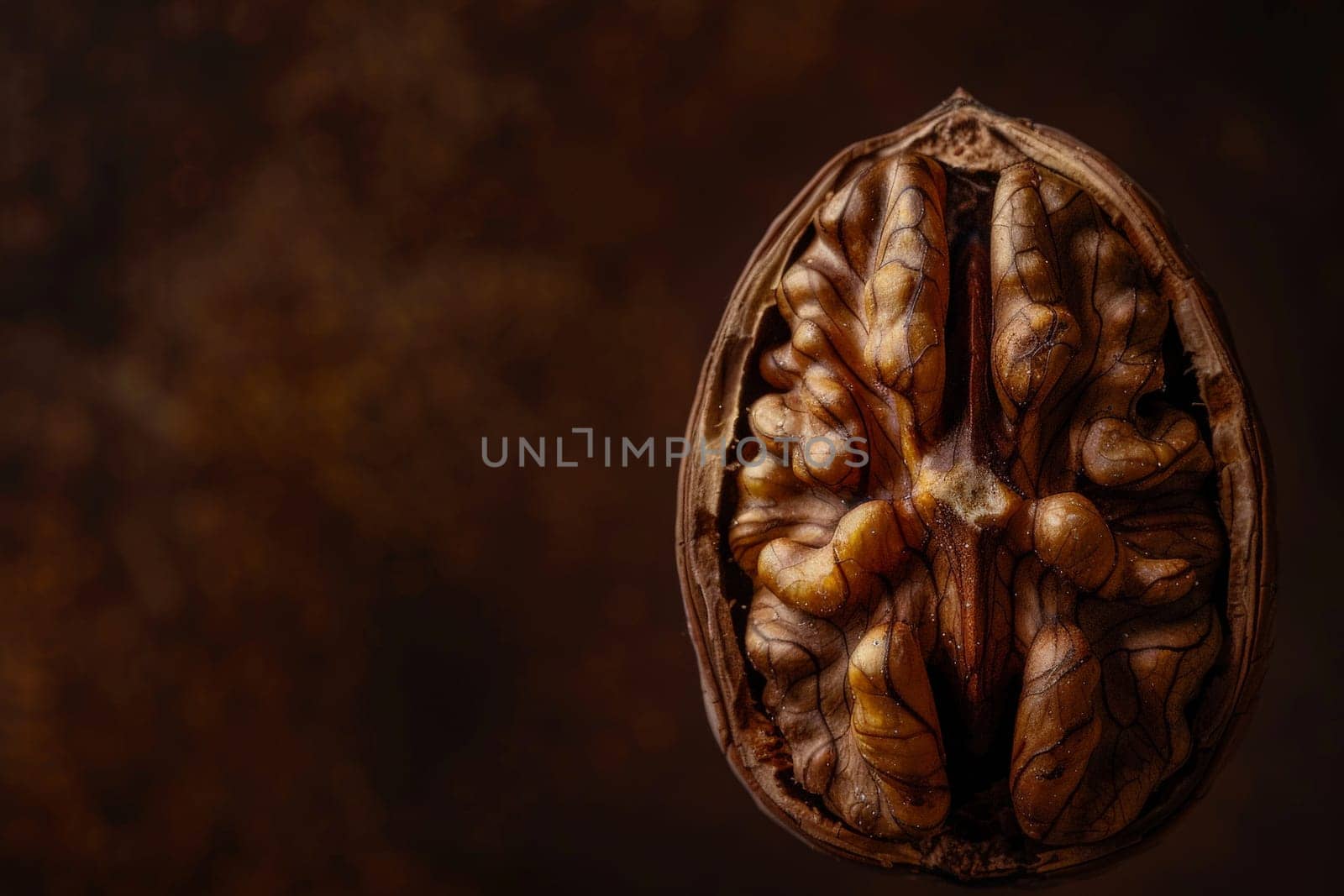 A walnut half isolated against a dark background, highlighting its detailed and textured surface.