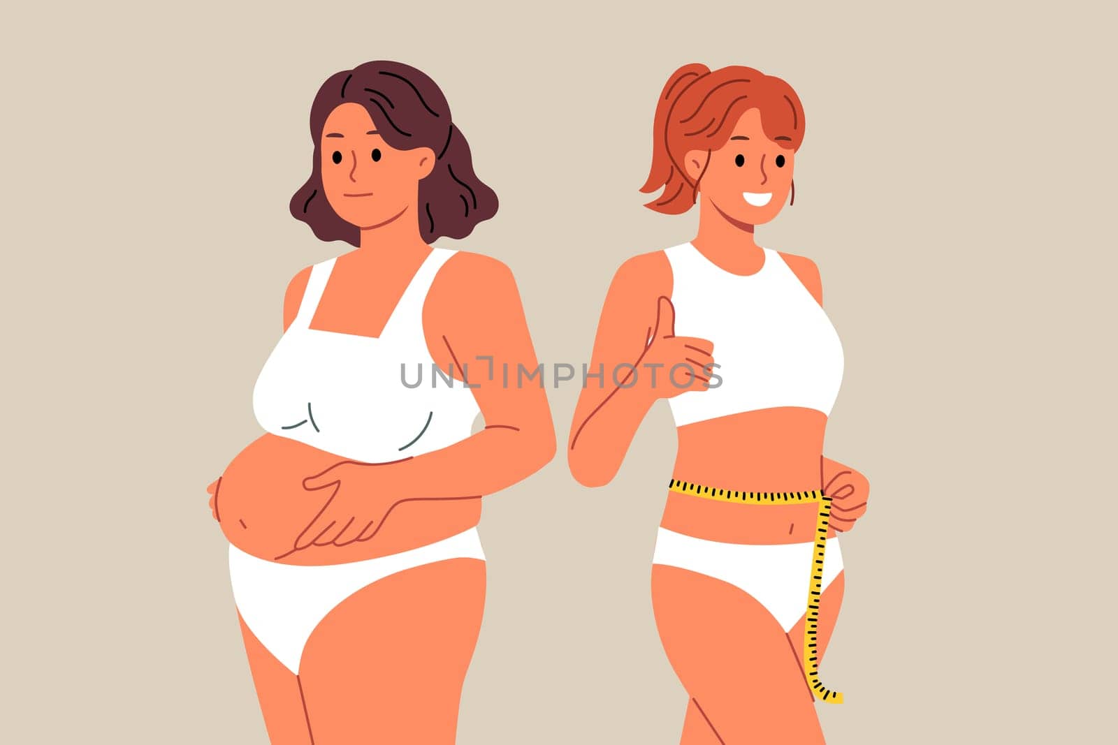 Slender woman fitness trainer stands near client suffering from obesity and shows thumbs up, promising quick weight loss. Female fitness trainer with measuring tape in hands, proud of achieved result