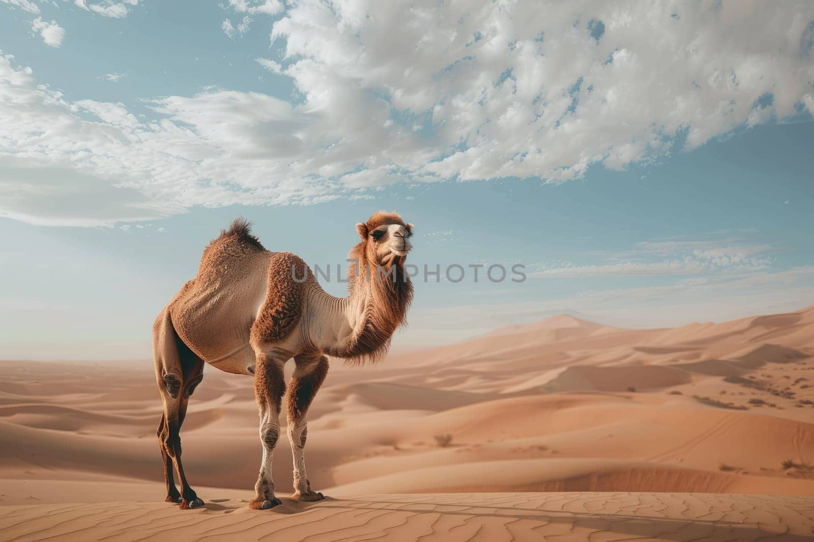 Single-humped camel in sand dunes in the desert. AI Generated.