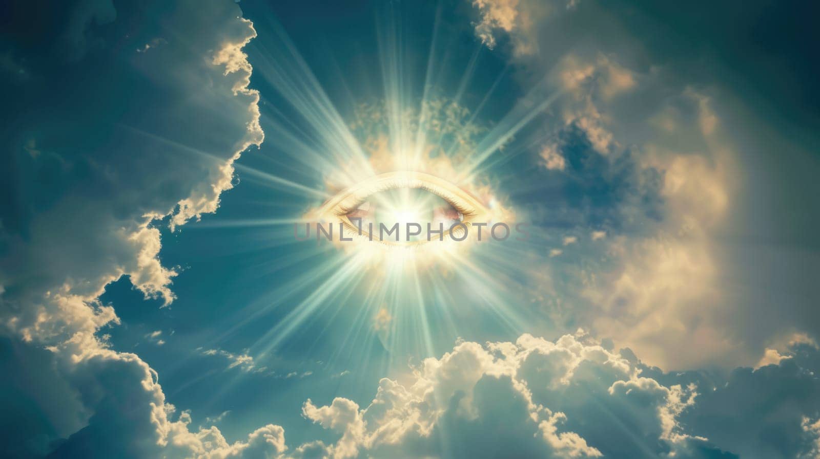 Eye of Providence in the blue sky. All-seeing God's eye. AI Generated.