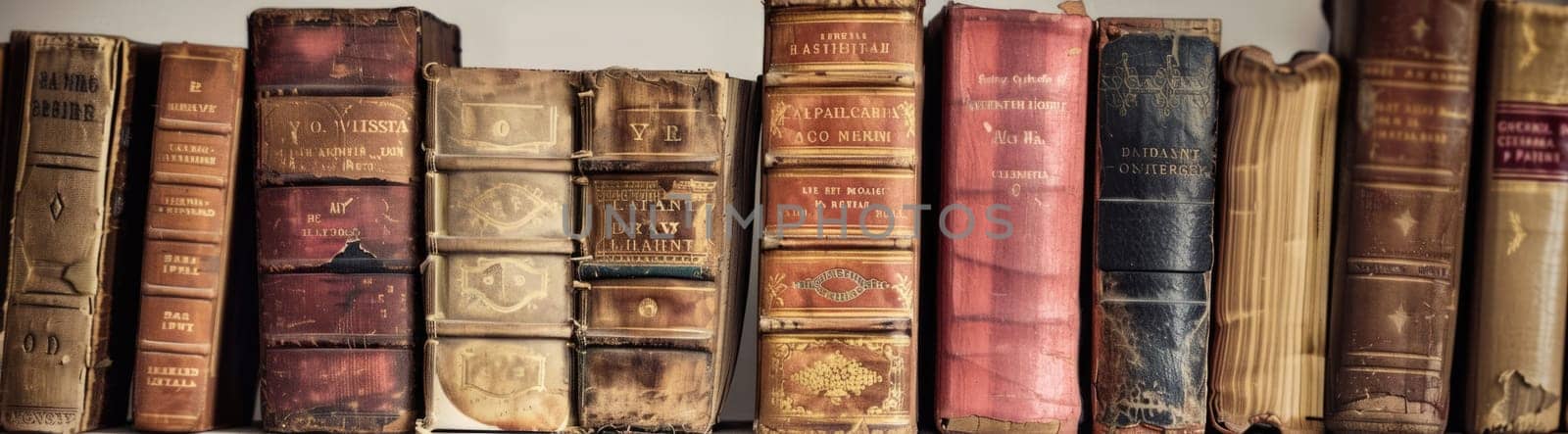 Antique old books on the shelf against white wall. Vintage literature. AI Generated.