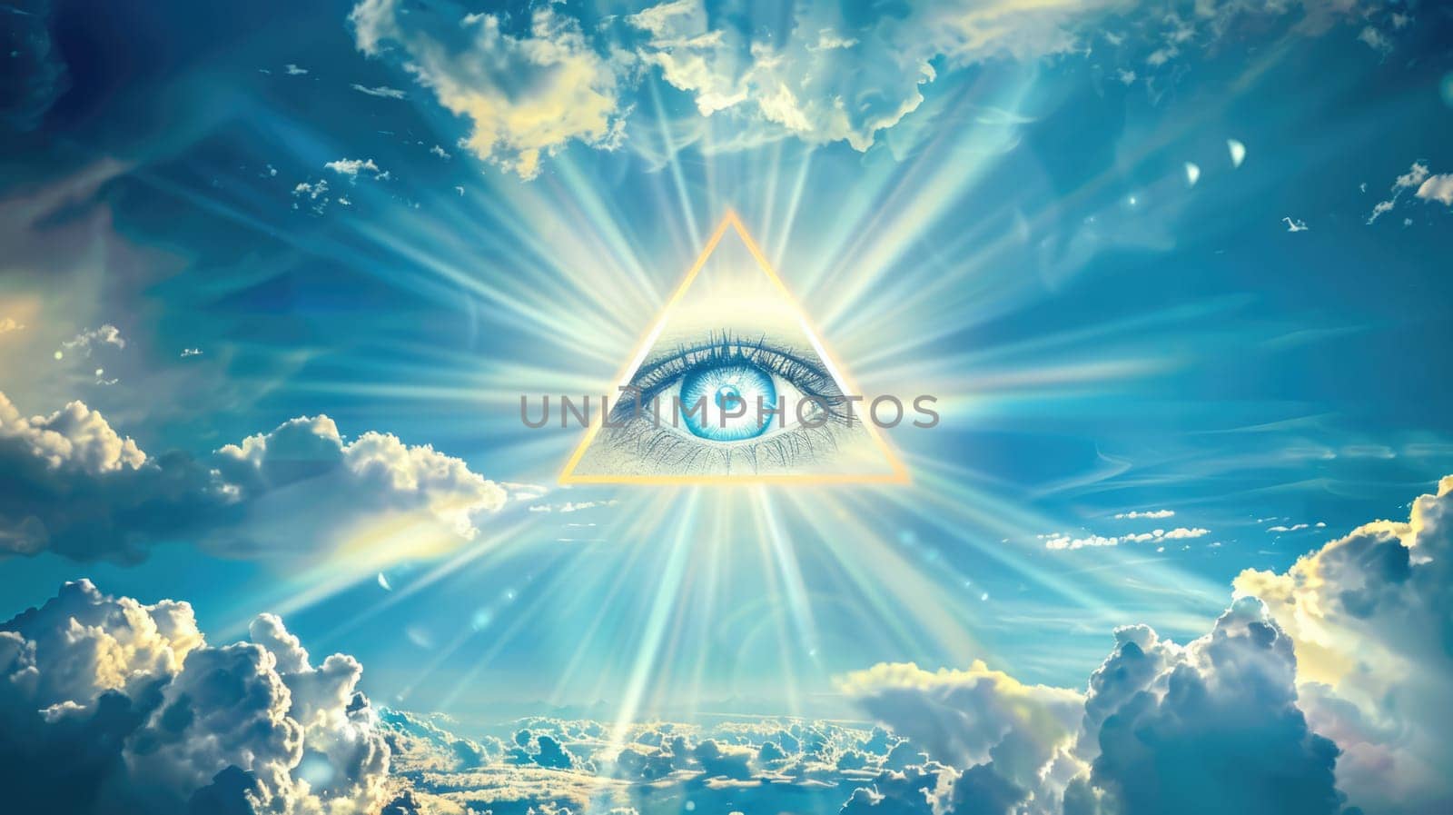 Eye of Providence in the blue sky. All-seeing God's eye. AI Generated.