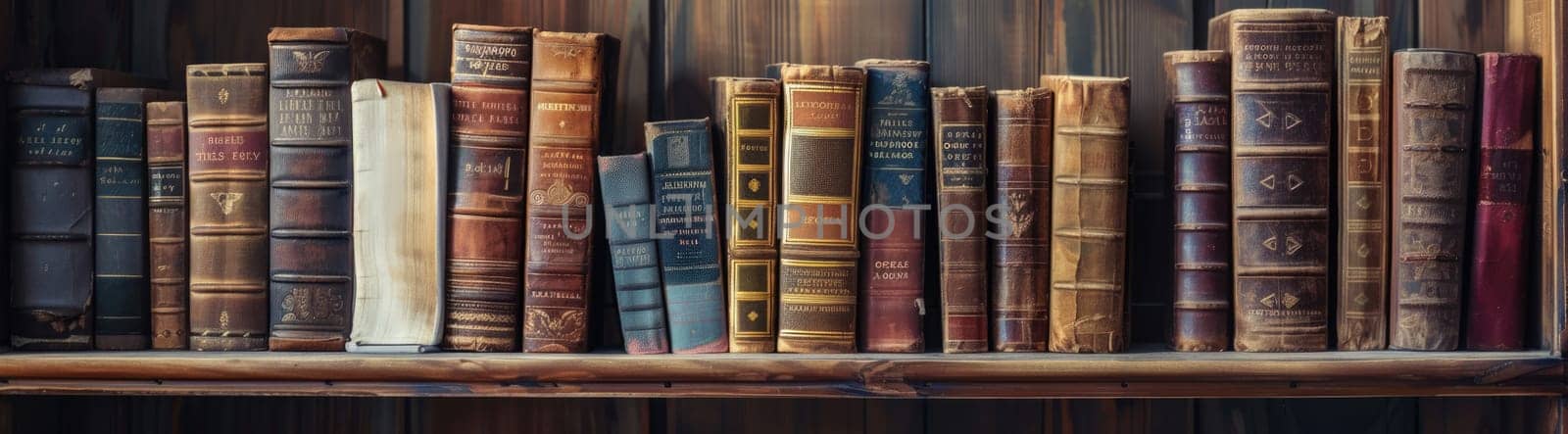 Vintage literature. Antique old books on wooden shelf. AI Generated.