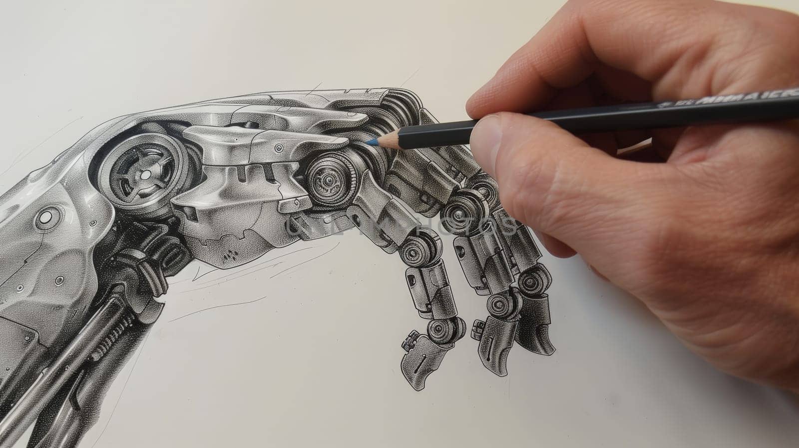 Explore the intricate bond between humanity and technology as depicted by the gentle touch of a human finger meeting the metallic finger of a robot, captured in a mesmerizing sketch created with an art pencil.