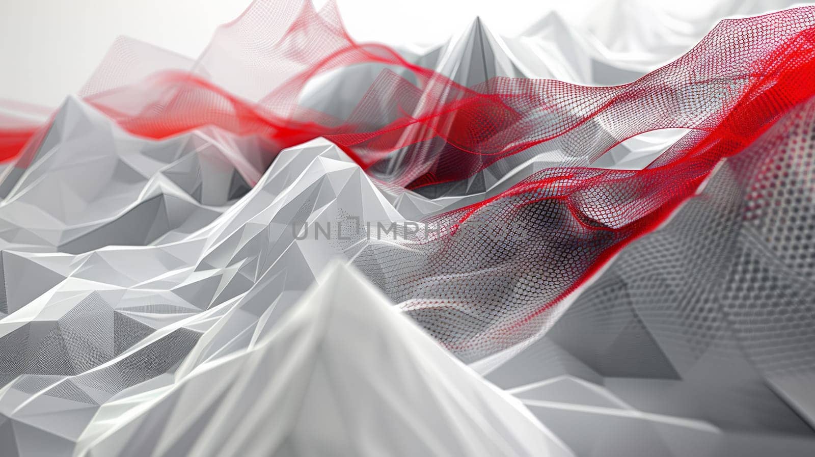 Delve into the enigmatic realm of abstract artistry with an image portraying a mesmerizing convergence of point cloud mesh transitioning seamlessly into intricate components, adorned with lines and triangles, bathed in a striking palette of red and grey hues, presented in portrait orientation.