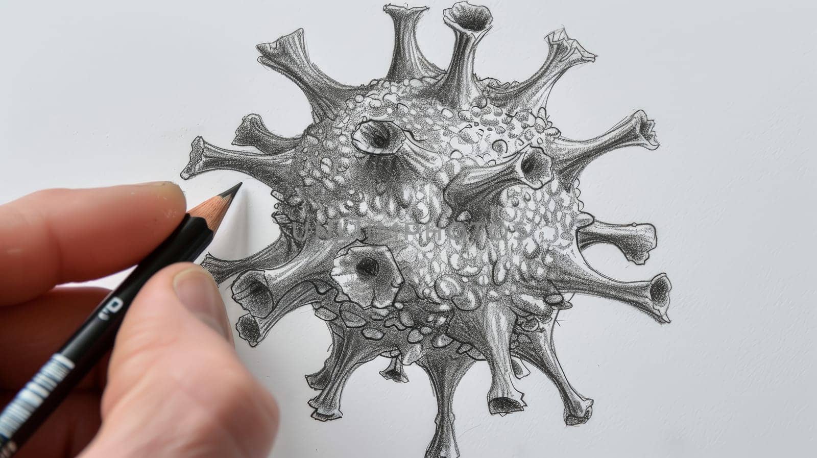Dive into the microscopic world with a captivating sketch illustrating the intricate structure of a virus, meticulously crafted with an art pencil, showcasing the beauty even in the smallest of organisms.