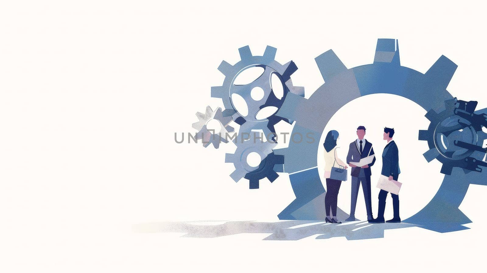 Witness the essence of teamwork and collaboration depicted in a minimalist background where business people join gears, symbolizing unity, cooperation, and synchronized effort towards a common goal.