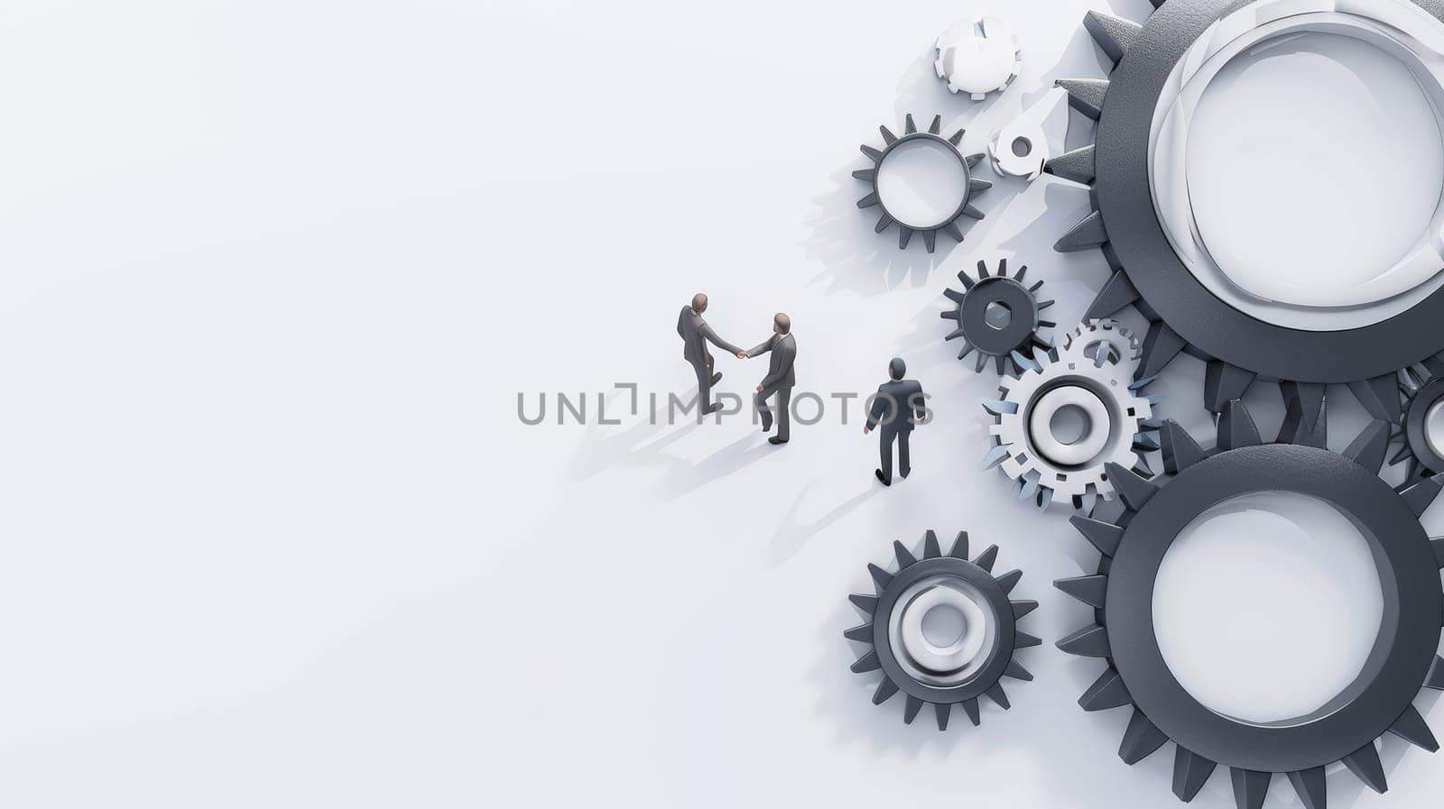 Witness the essence of teamwork and collaboration depicted in a minimalist background where business people join gears, symbolizing unity, cooperation, and synchronized effort towards a common goal.