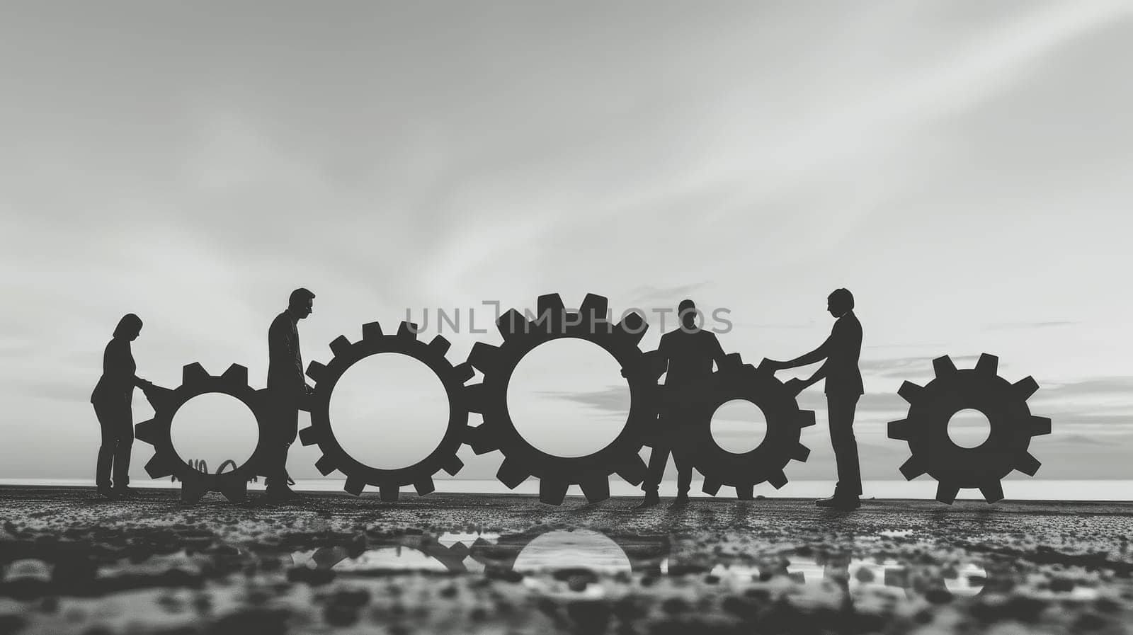 Witness the essence of teamwork and collaboration depicted in a minimalist background where business people join gears, symbolizing unity, cooperation, and synchronized effort towards a common goal.