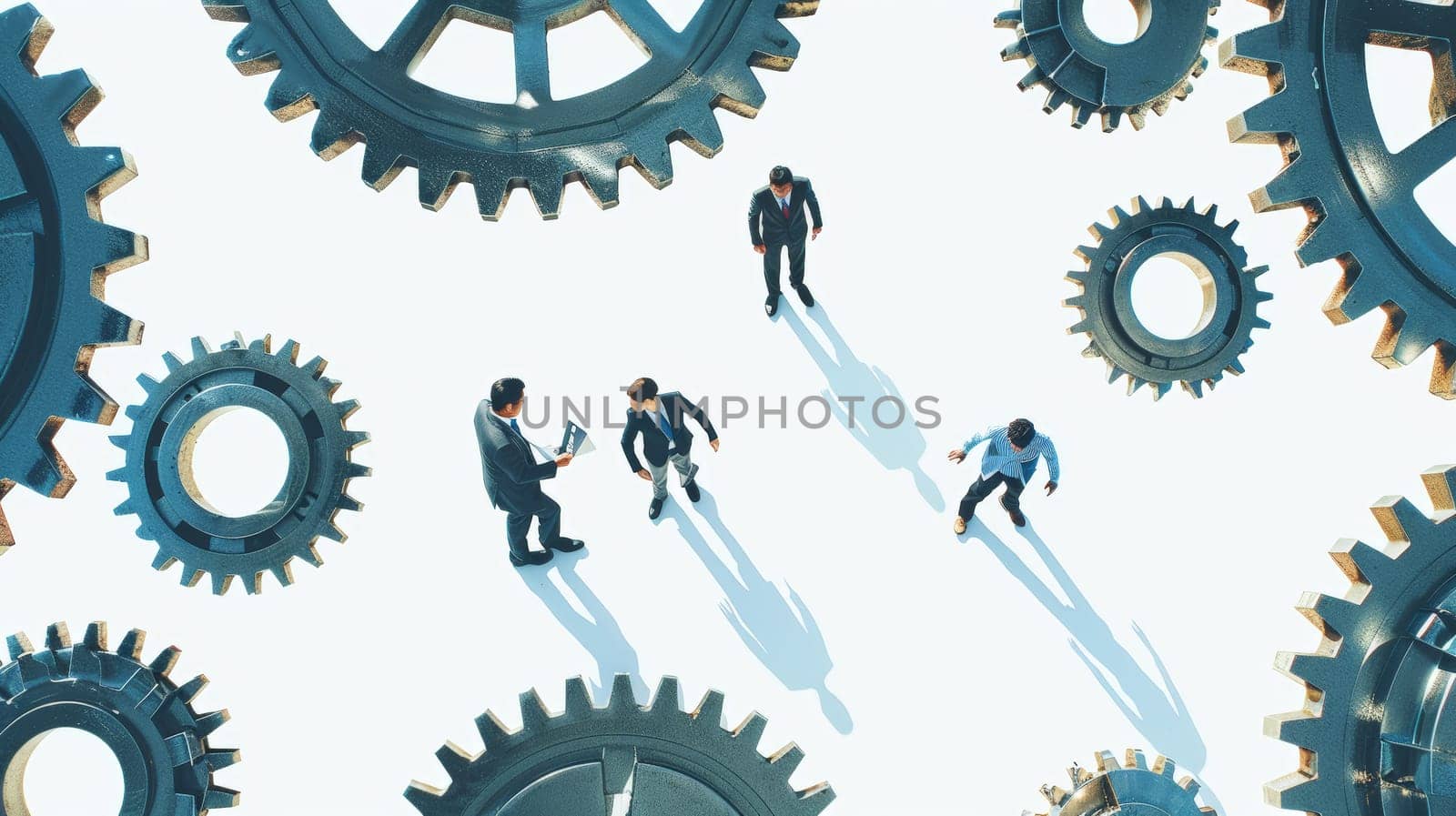Witness the essence of teamwork and collaboration depicted in a minimalist background where business people join gears, symbolizing unity, cooperation, and synchronized effort towards a common goal.