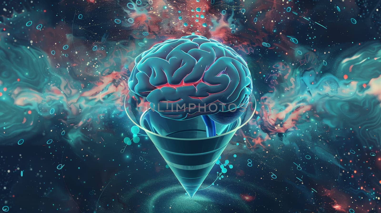 Explore the intricate interplay of emotions and thoughts depicted in this captivating image, where a brain seamlessly merges with a funnel, symbolizing the complex pathways of our psyche.