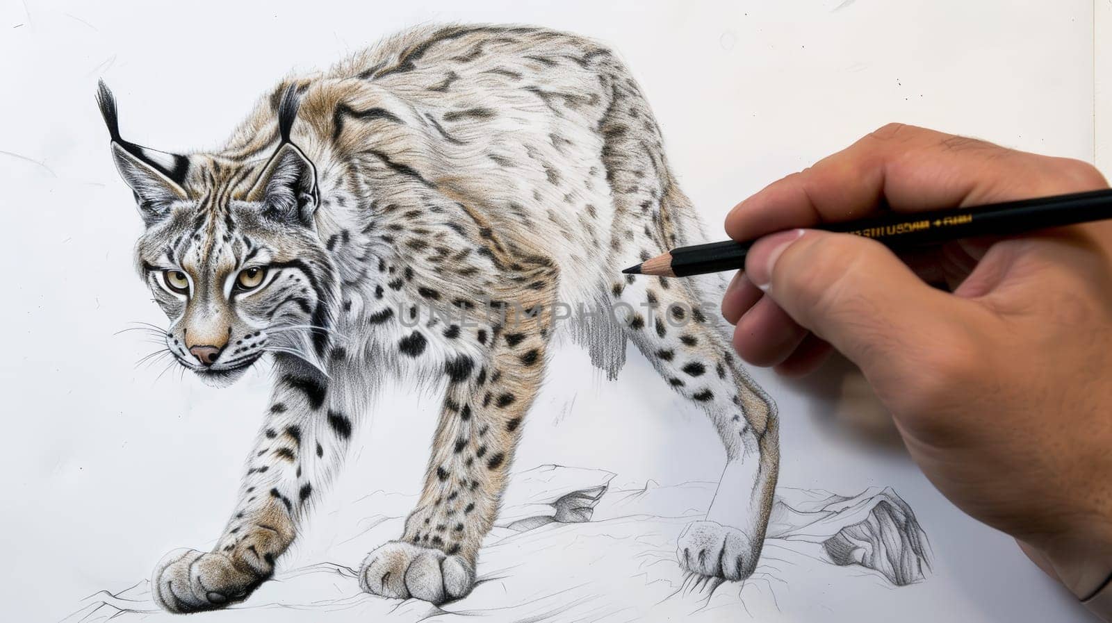 Witness the graceful strokes of an art pencil bringing to life the majestic form of a lynx, capturing its wild elegance on the canvas.
