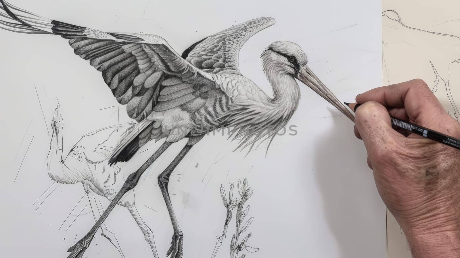 Capture the elegance of nature with a hand-drawn sketch of a stork, highlighting its slender form and majestic presence.