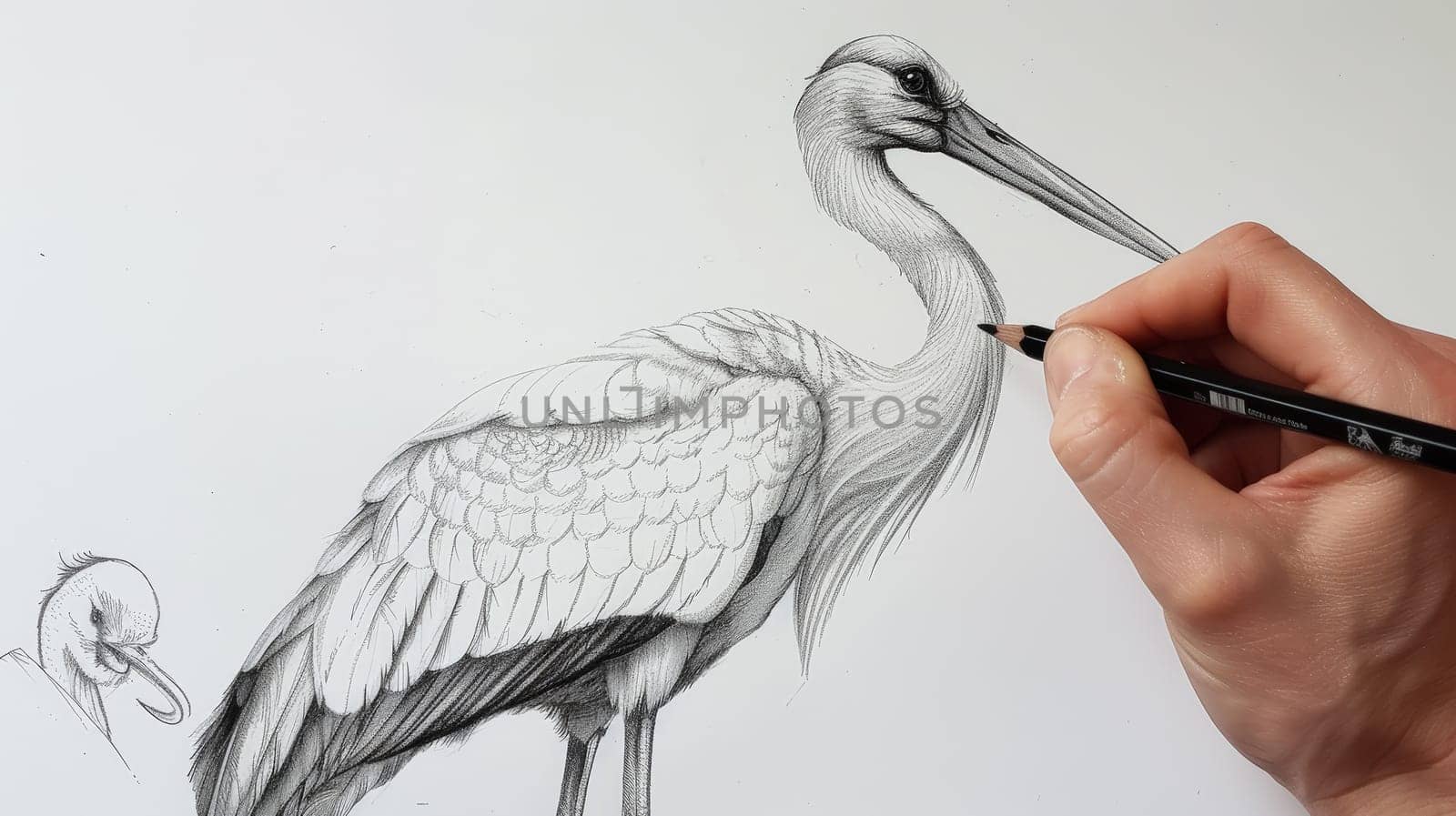 Capture the elegance of nature with a hand-drawn sketch of a stork, highlighting its slender form and majestic presence.