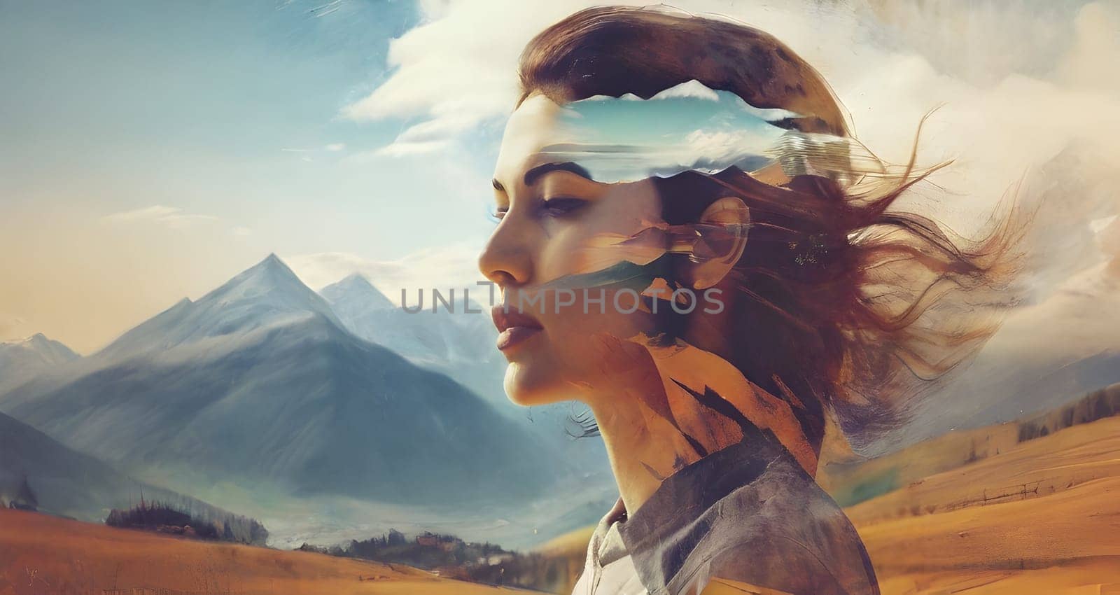 Abstract art of woman with nature double exposure