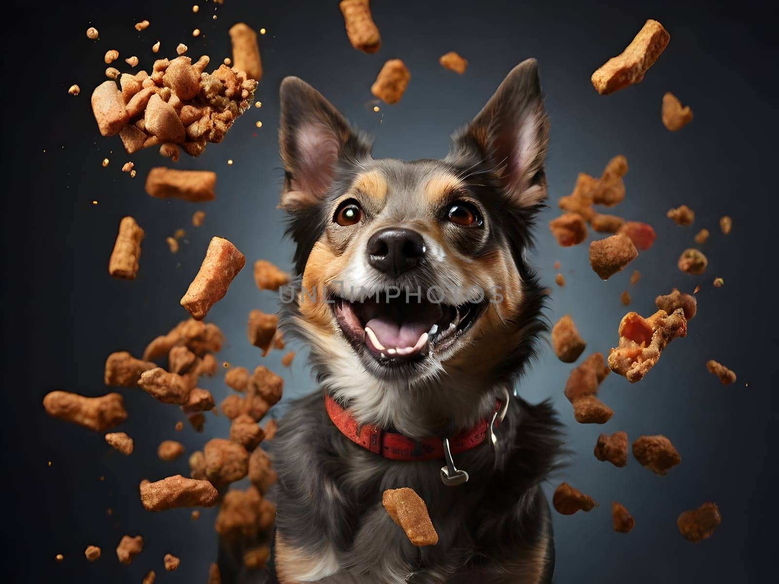 Funny dog portrait with the food