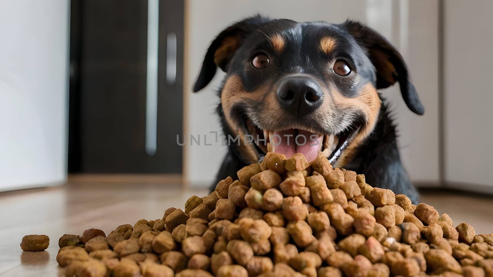 Funny dog portrait with the food