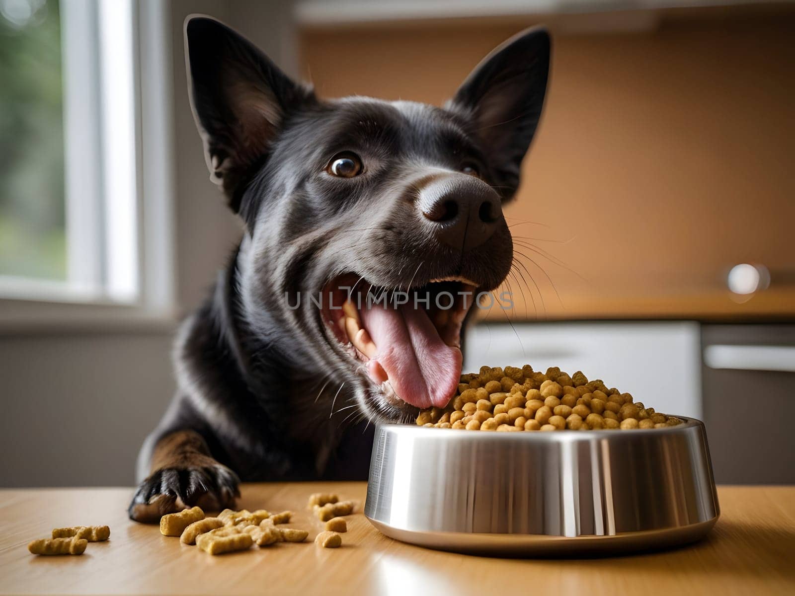 Funny dog portrait with the food