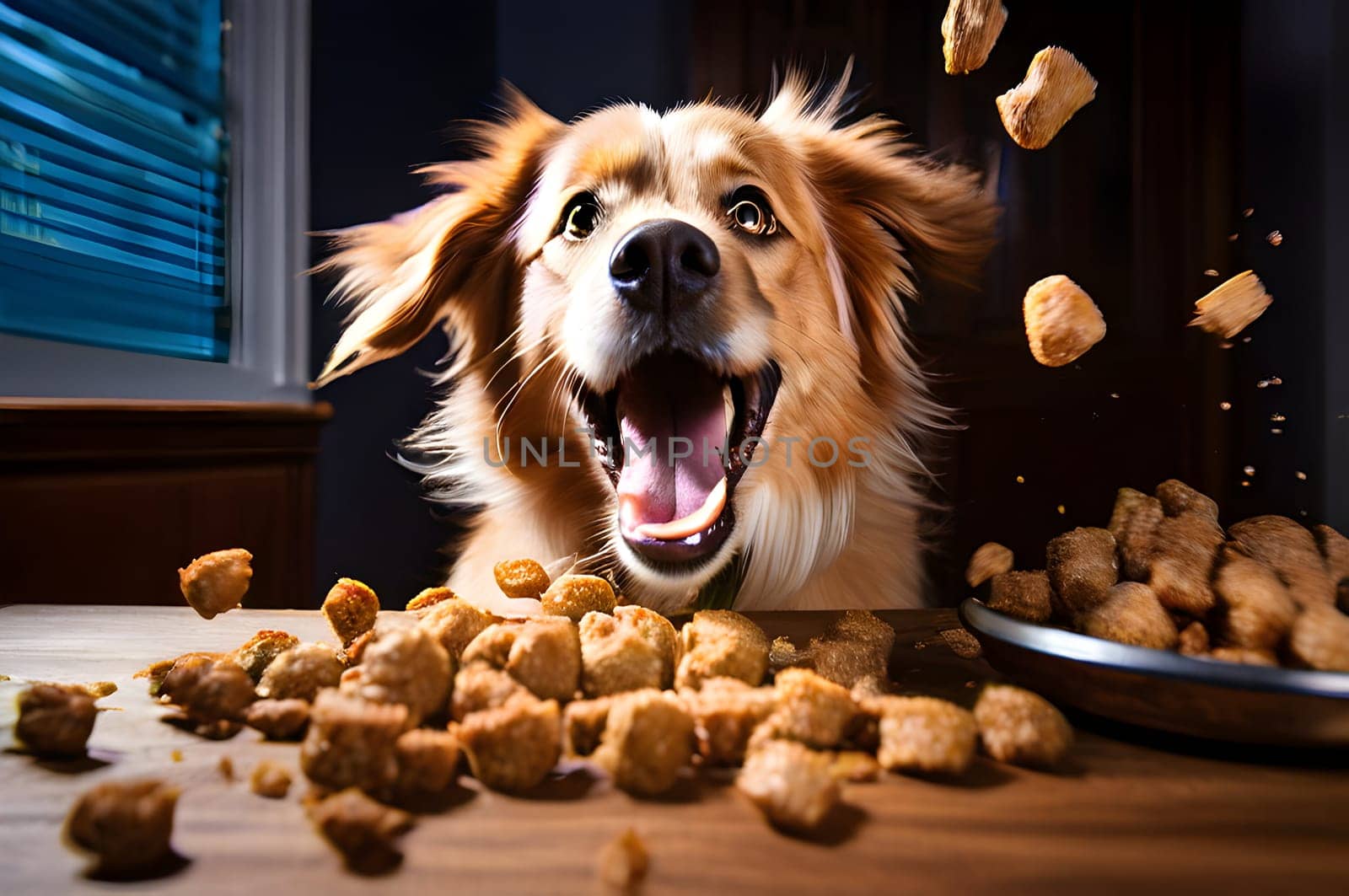 Funny dog portrait with the food