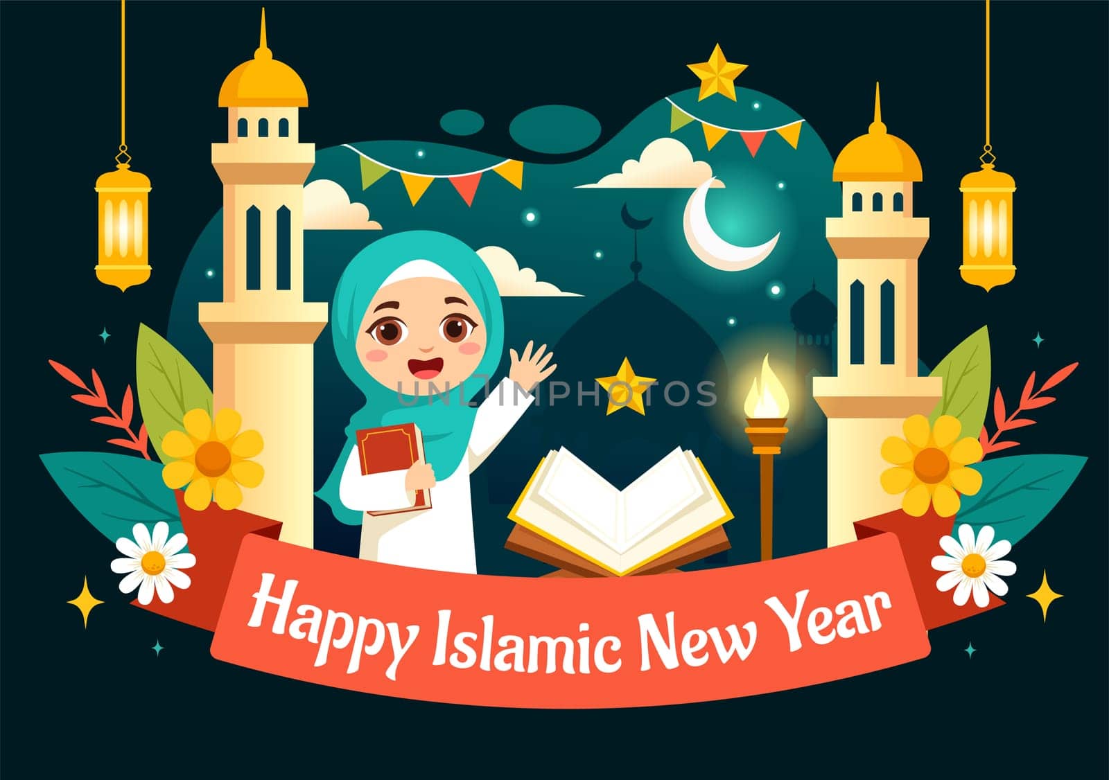 Happy Muharram Vector Illustration of Celebrating Islamic New Year with Mosque, Moon and Lantern Concept in Flat Kids Cartoon Background