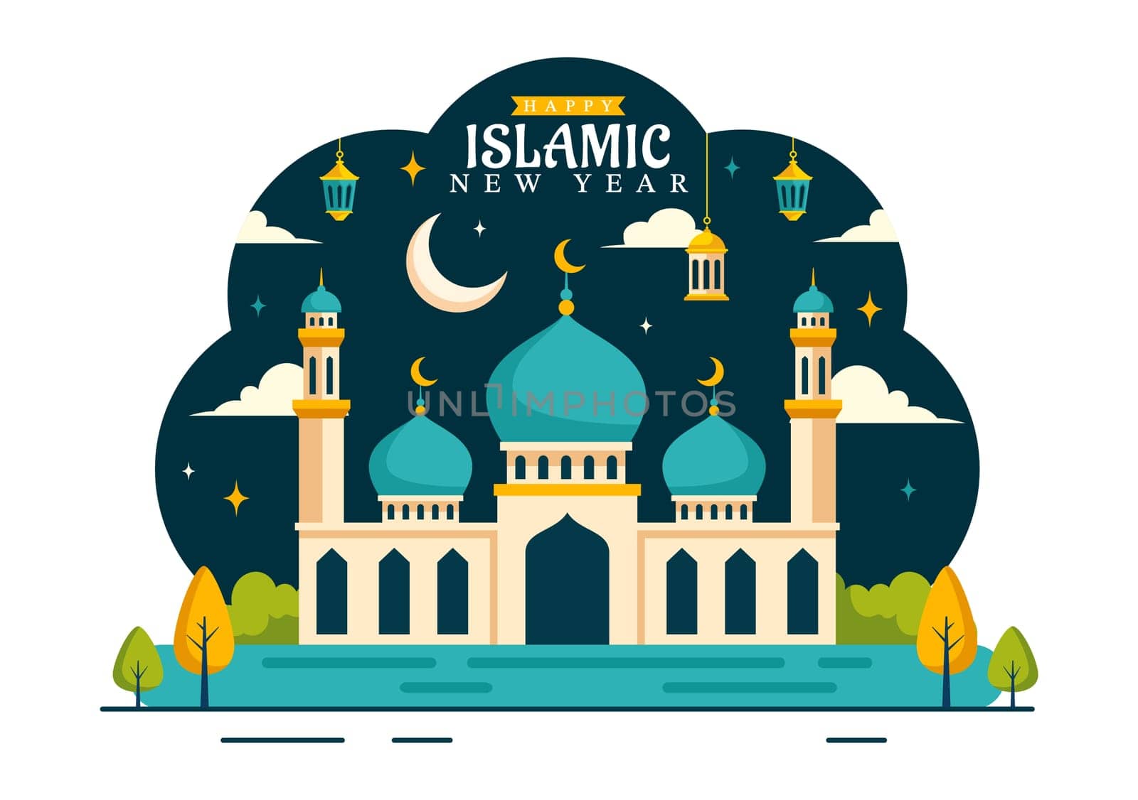 Happy Muharram Vector Illustration of Celebrating Islamic New Year with Mosque, Moon and Lantern Concept in Flat Kids Cartoon Background