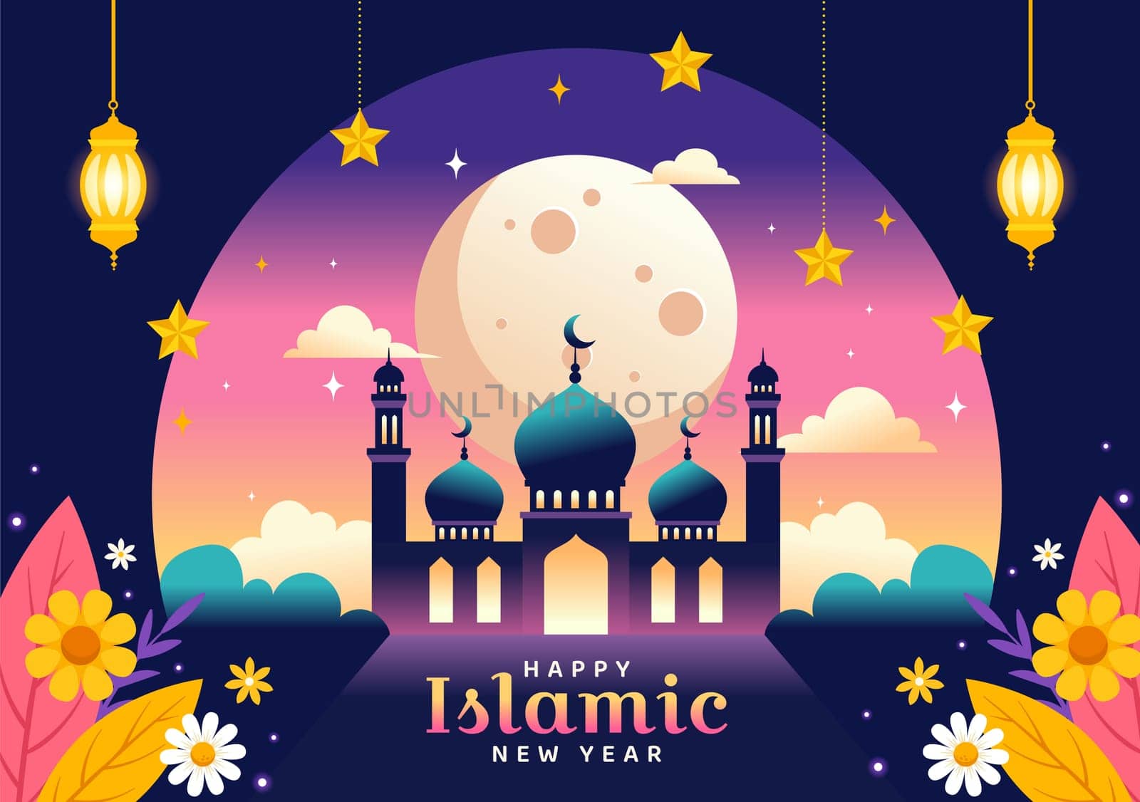 Happy Muharram Vector Illustration of Celebrating Islamic New Year with Mosque, Moon and Lantern Concept in Flat Kids Cartoon Background