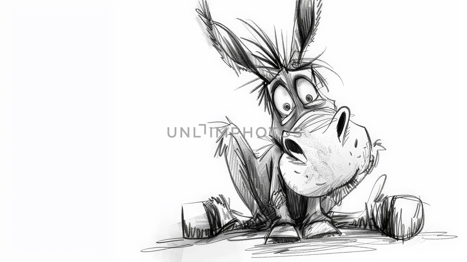 Chuckle along with this comical black and white cartoon portraying a charming donkey, sketched with humorous whimsy and playful detail.