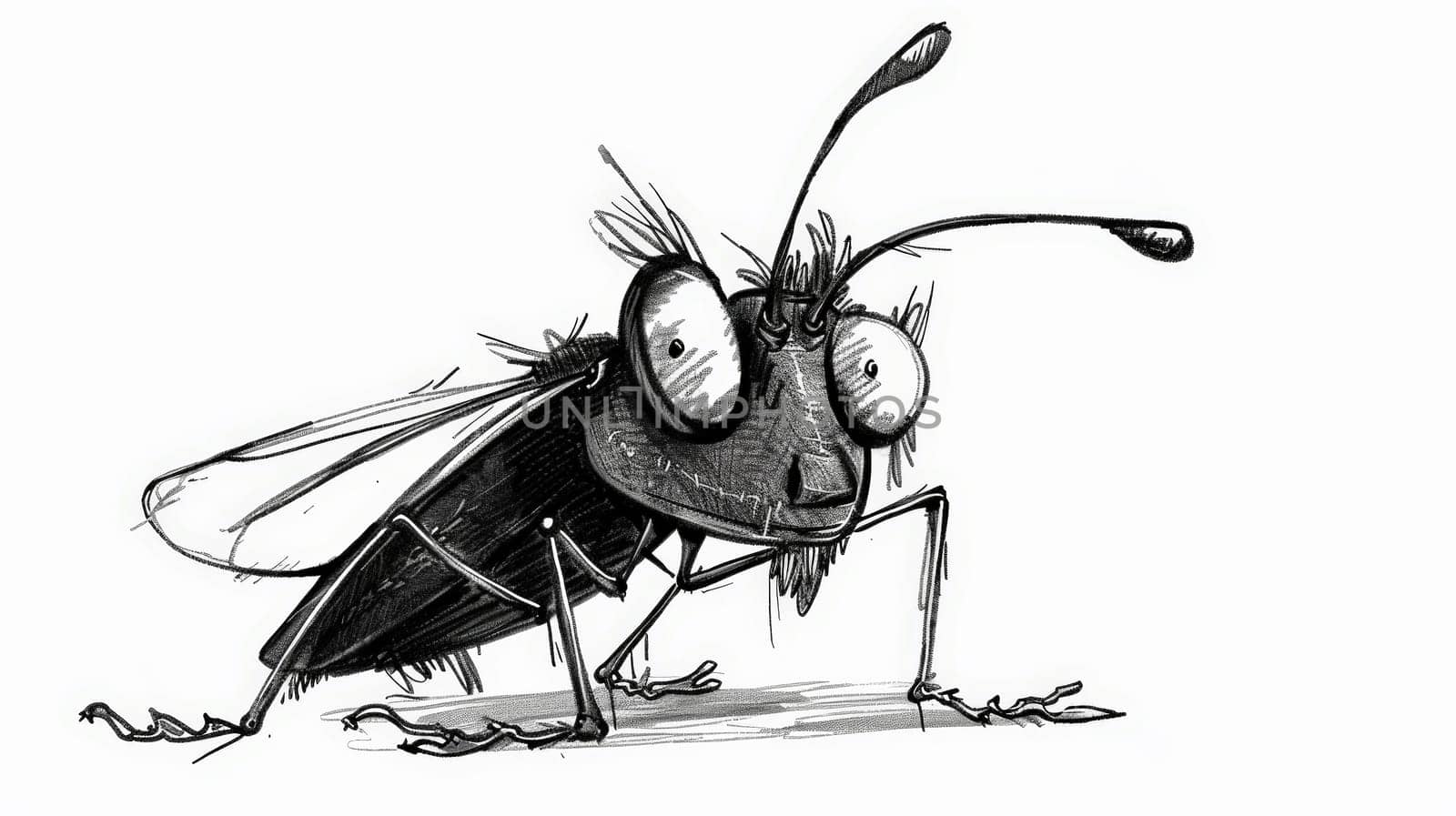 Delight in the charm of this amusing black and white cartoon drawing featuring a quirky insect character, showcasing a blend of humor and creativity.