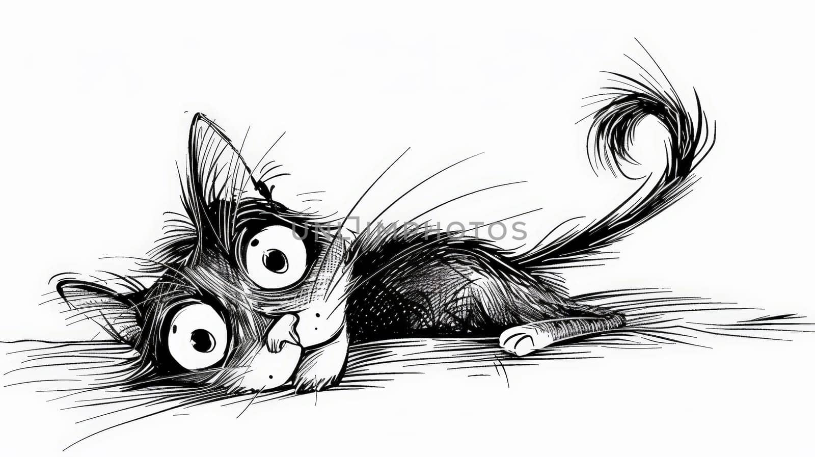 Indulge in laughter with this amusing black and white hand-drawn cartoon portrayal of a delightful cat, radiating charm and humor.
