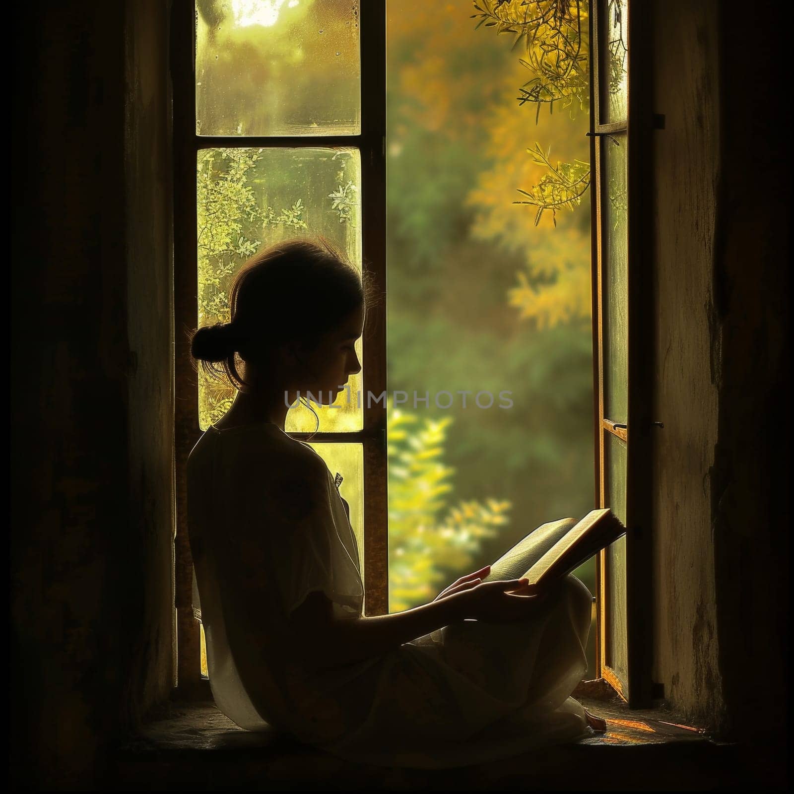 Silhouetted figure of a woman reading by a window, bathed in the golden hues of sunlight