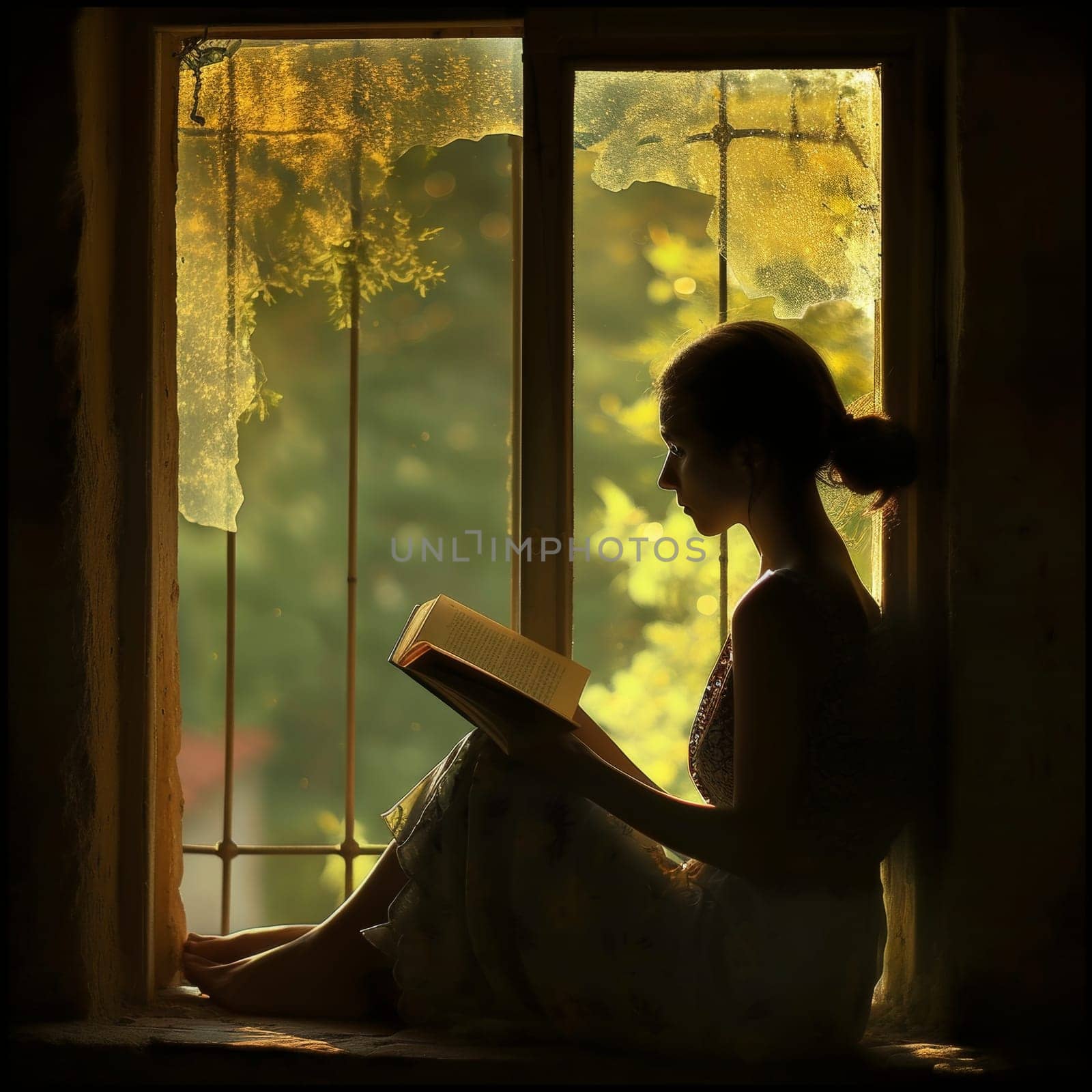 Silhouetted figure of a woman reading by a window, bathed in the golden hues of sunlight