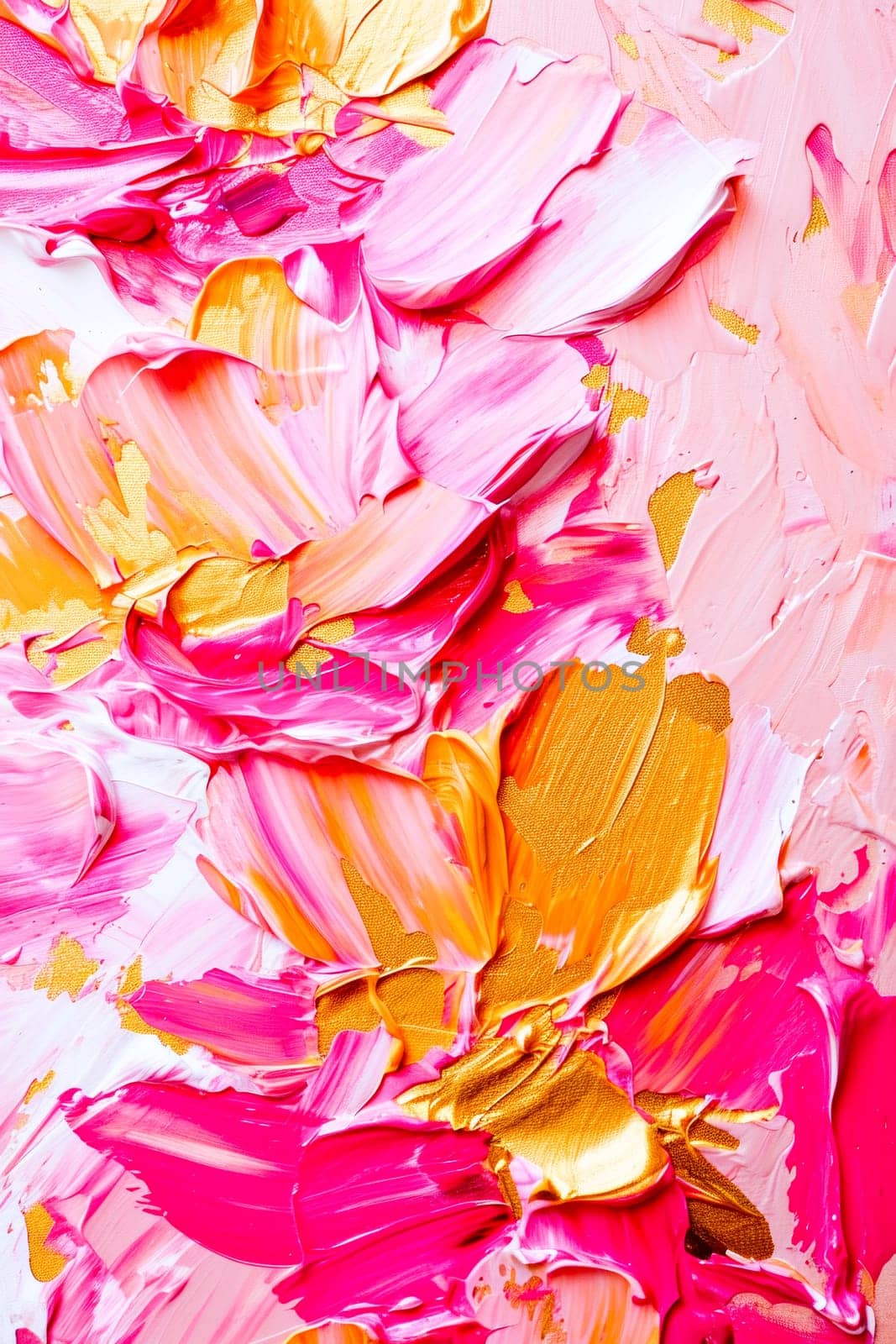 Close-up of painting with pink and yellow flowers