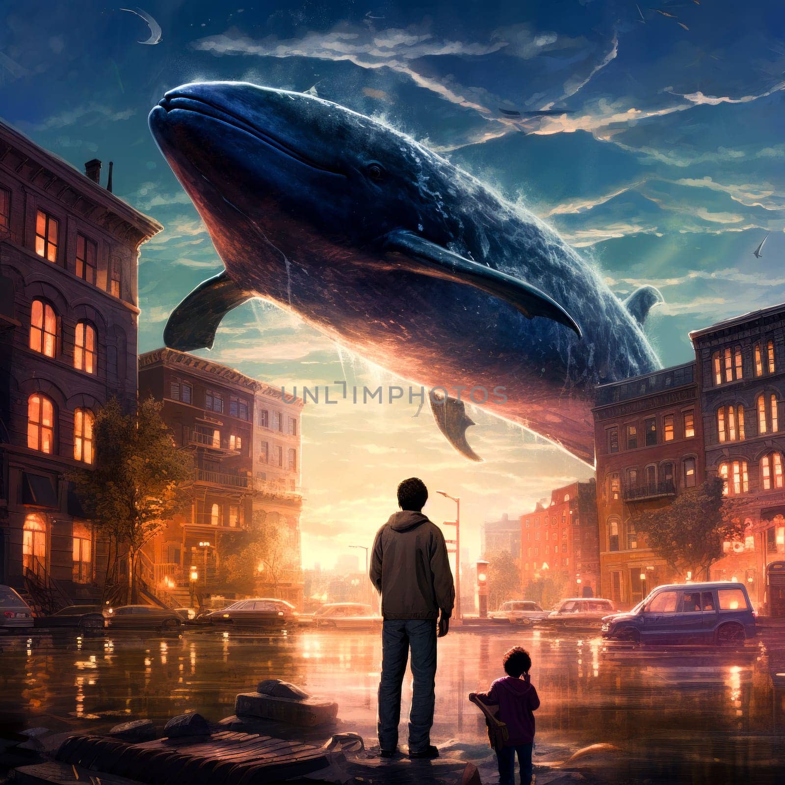 Man and child looking at whale in the sky