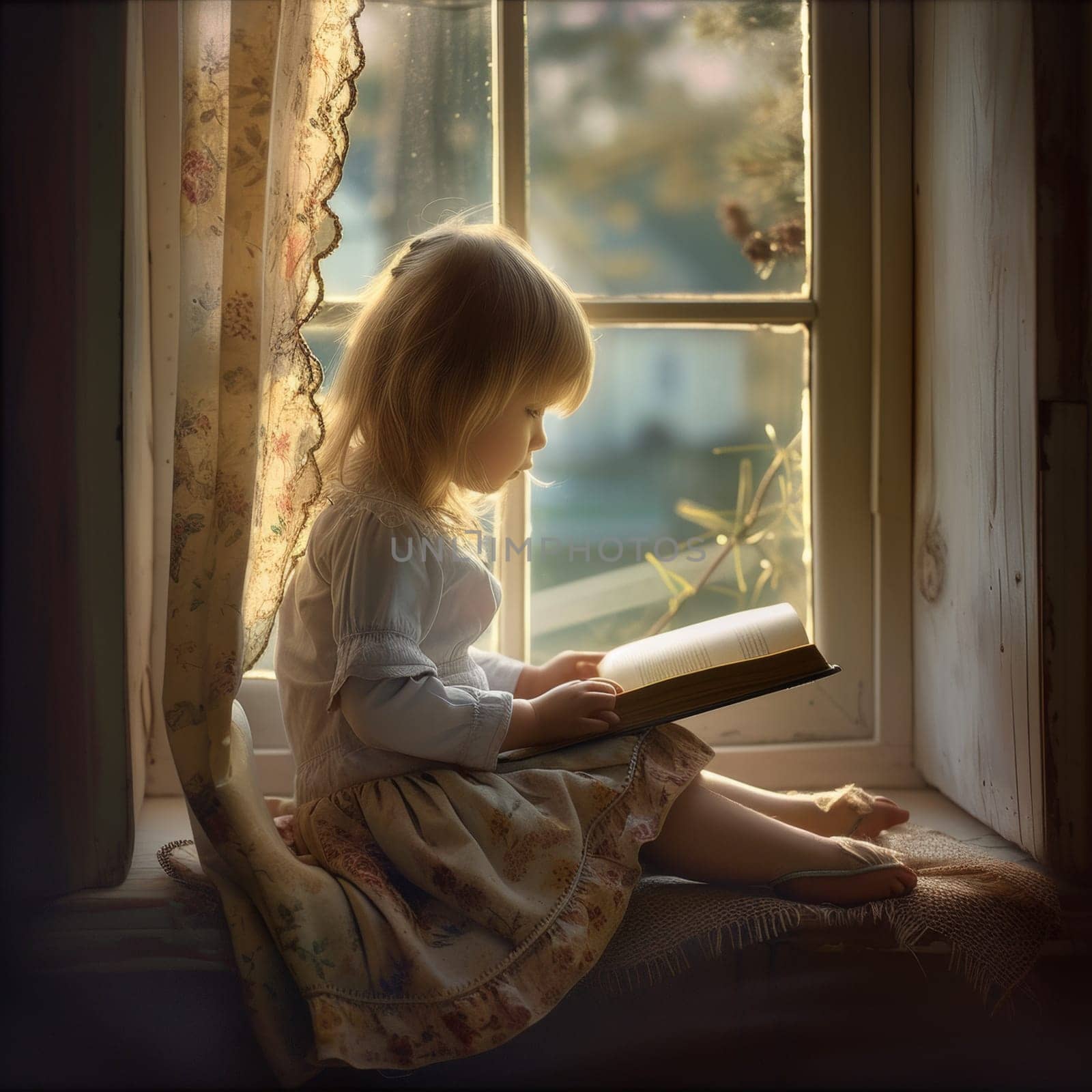 Young child reading a storybook in a sunlit window nook, the light casting a dreamy glow