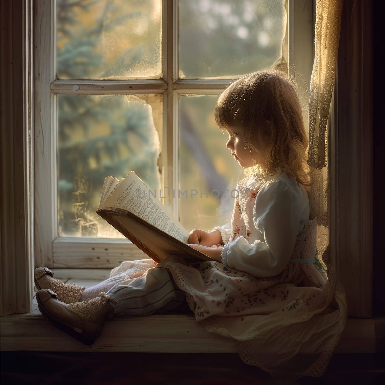 Young child reading a storybook in a sunlit window nook, the light casting a dreamy glow
