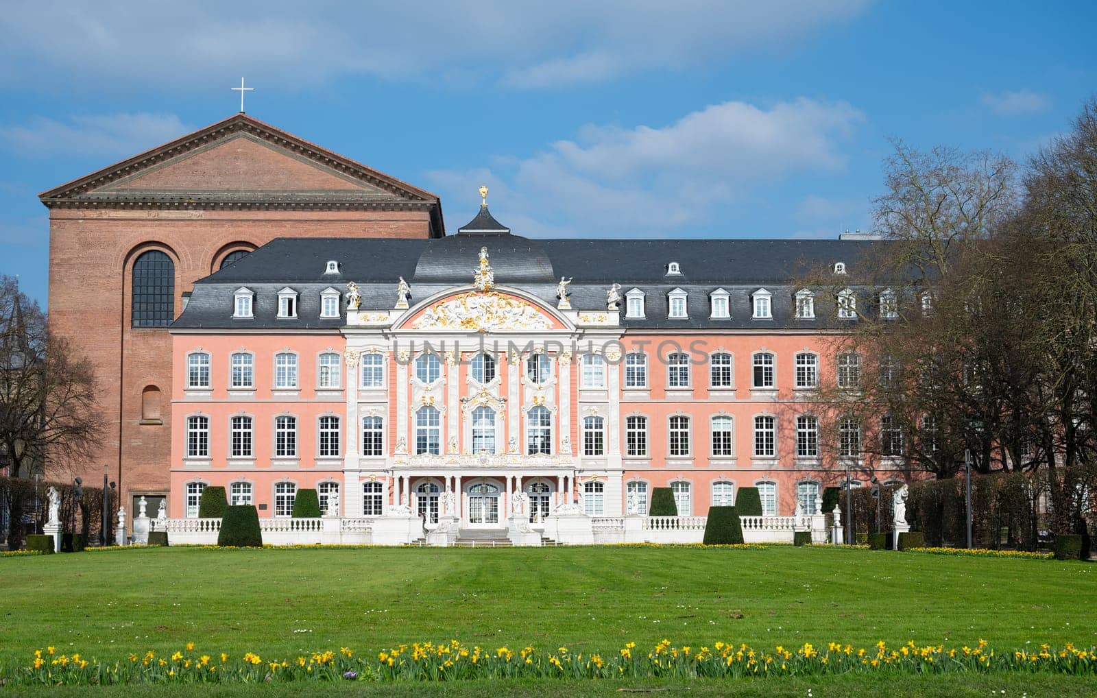 Electoral palace with garden in the roman city of Trier, connected to the constantin basilica, Moselle valley, Rhineland palatinate in Germany