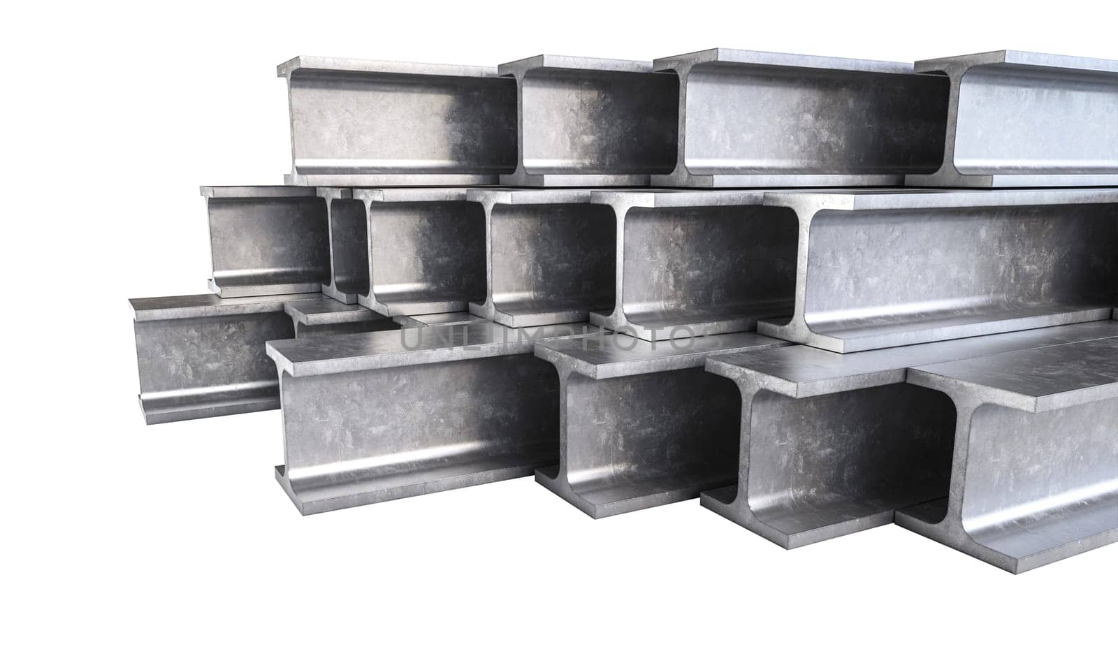 Close-up of multiple steel beams piled isolated on white. 3d render