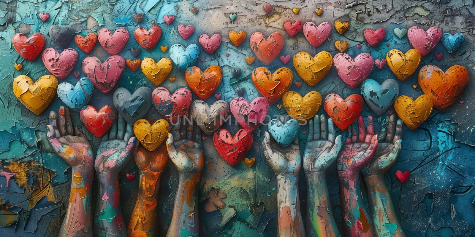 Volenteer and humanitarian help concept, charity and friendship, support teamwork, people reach their hand to colorful hearts on the wall