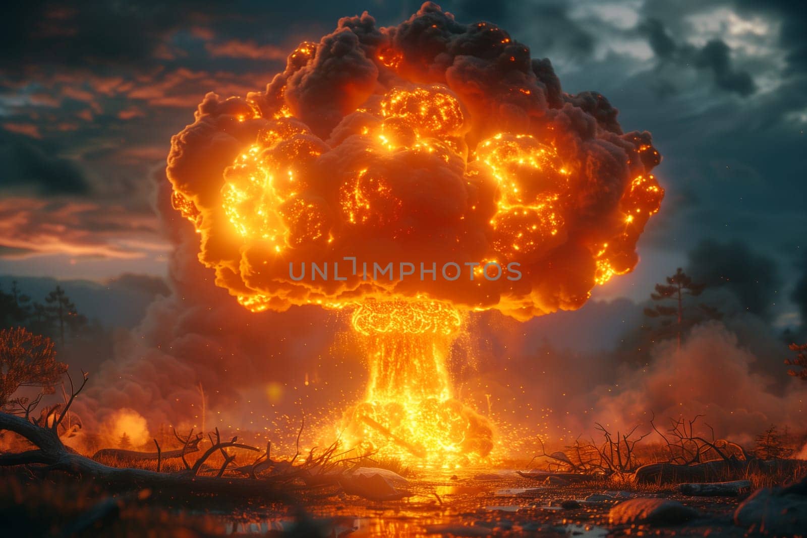 Nuclear atomic bomb explosion, radioactive war weapon, contamination disaster, mushroom fireball