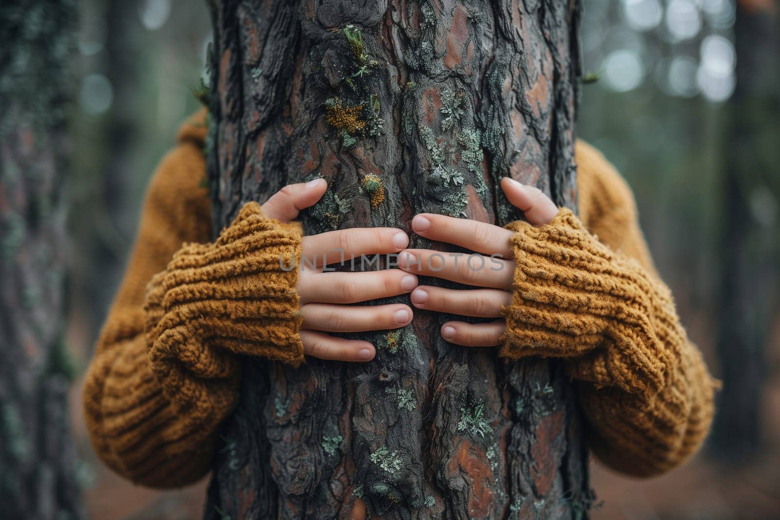 Hugging a tree, embracing a trunk with love and care, protect nature and planet earth, sustainable lifestyle, ecology and environment