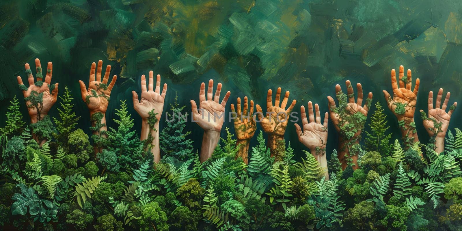 Hands raising from plants and trees, green deal, protect nature and planet earth, sustainable lifestyle, ecology and environment, team of volunteers