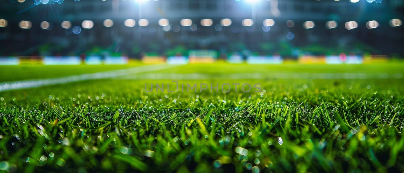 A lush, well-manicured football field glistens under the bright floodlights of a large sports stadium, creating a captivating and energetic atmosphere